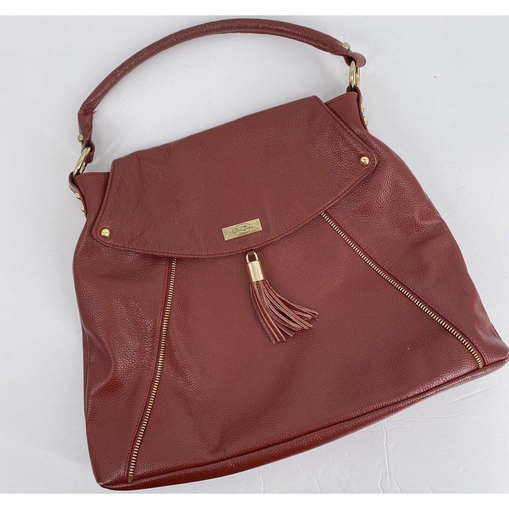 Onna Ehrlich Red Pebbled Leather Kelly Hobo Handbag Tassel Charm Purse Bag